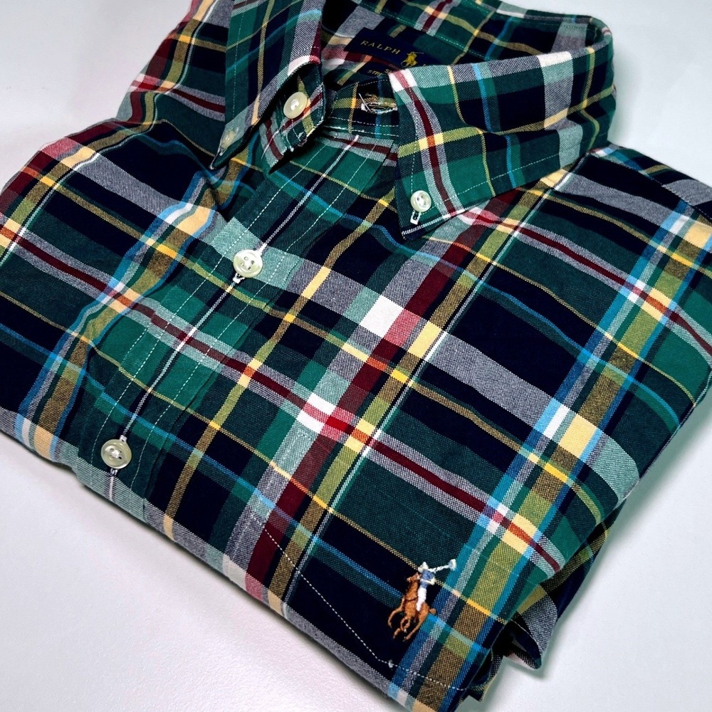 Polo Ralph Lauren Oxford Shirt Mens M Green Plaid Slim Fit Stretch Long Sleeve